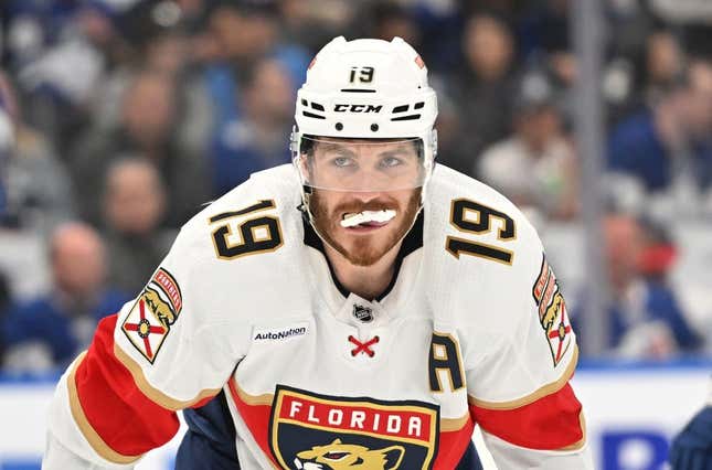 May 12, 2023; Toronto, Ontario, Canada; Florida Panthers forward Matthew Tkachuk (19) prepares for the fifth round of the 2023 Stanley Cup Playoffs at Scotiabank Arena The second quarter of the game against the Toronto Maple Leafs.